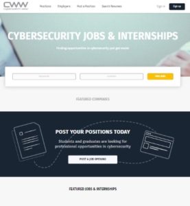 Screenshot of the landing page for the CyberIndustry Job Board, a program of CyberWatch West