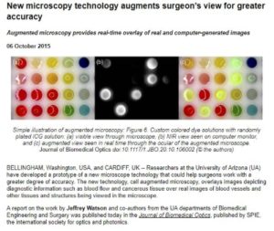 Close-up screenshot of the press release "New microscopy technology augments surgeon’s view for greater accuracy" on the website SPIE.org.